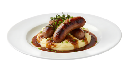 gourmet sausage and mash bangers and mash on white plate isolated on white background