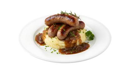 gourmet sausage and mash bangers and mash on white plate isolated on white background
