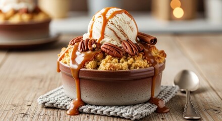 Warm apple crumble dessert with vanilla ice cream, caramel sauce, pecans, and cinnamon stick