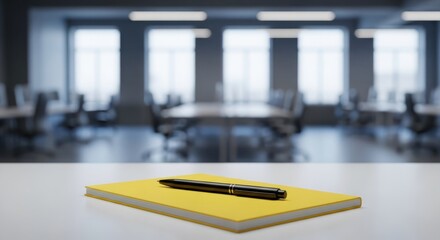 Sharply focused vibrant yellow notepad and sleek black pen on a desk in a modern office