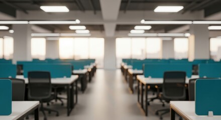 Empty modern open plan office with rows of desks and chairs in a bright workspace