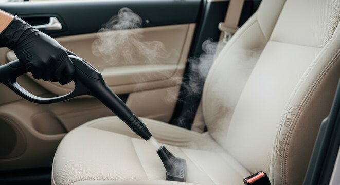 Black gloved hand steam cleaning a beige car seat, detailing interior for hygiene. - Powered by Adobe