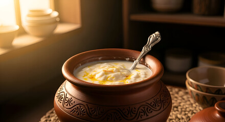Close-up of freshly made yogurt with saffron in a pottery bowl, delicious healthy food