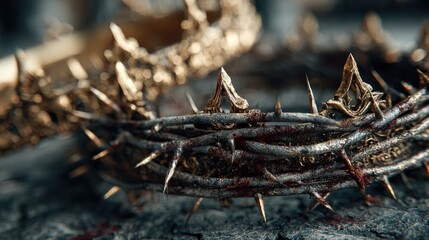 Fototapeta premium A chillingly detailed shot captures a crown of thorns, a symbol of suffering. The intricate craftsmanship. ..Created with Generative AI, not depicting real subjects.