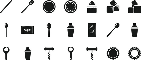 Collection of bar tools and cocktail ingredients icons isolated on transparent background