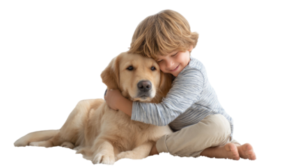 A happy young woman sits with her adorable golden retriever puppy on a white background