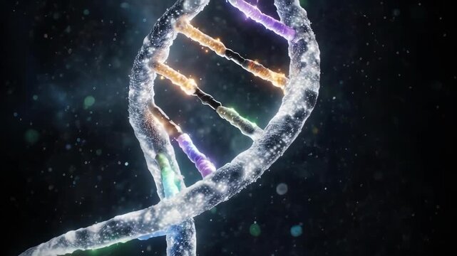 A cinematic slow-motion journey along a gracefully unwinding DNA double helix. Bioluminescent bases glow, revealing the code of life in an ethereal, dark space.