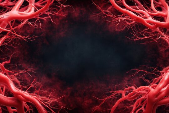 Vein Vascular Visual concept. Dark background framed by intricate red tree branches.
