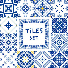 Set of tiles Azulejos in blue, white. Original traditional Portuguese and Spain decor. Seamless patchwork tile with Victorian motives. Ceramic tile in talavera style. Gaudi mosaic. Vector