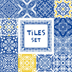 Set of tiles Azulejos in blue, white. Original traditional Portuguese and Spain decor. Seamless patchwork tile with Victorian motives. Ceramic tile in talavera style. Gaudi mosaic. Vector