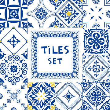 Set of tiles Azulejos in blue, white. Original traditional Portuguese and Spain decor. Seamless patchwork tile with Victorian motives. Ceramic tile in talavera style. Gaudi mosaic. Vector