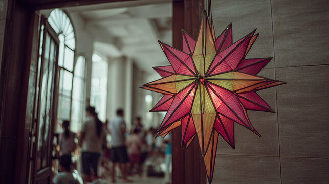 Colorful star parol hanging inside Filipino home during Christmas Simbang Gabi celebration