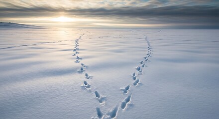 Footprints in the snow diverge into two paths under a dramatic sky at sunrise.