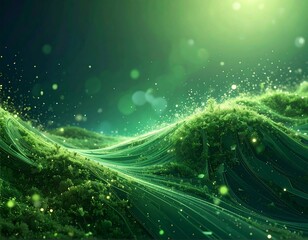 Abstract image of undulating green wave-like forms with bokeh