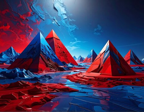 Abstract landscape with red and blue pyramids and flowing water