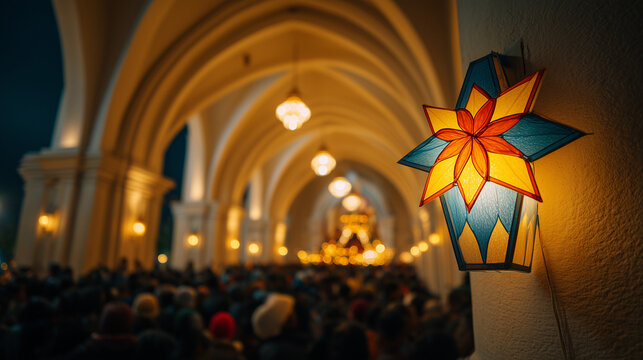 Beautiful parol lantern glowing outside church filled with people attending early Simbang Gabi mass