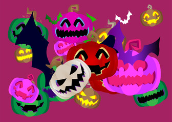 Halloween pumpkin, Jack O' Lantern and bat background wallpaper with gradient colors.