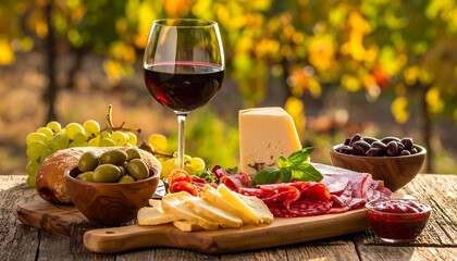 A still life composition with a glass of red wine, cheese, cured meats, fruit, and olives on a rustic wooden surface