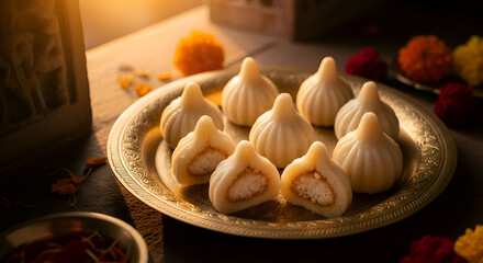 Close-up of Modak Indian Sweet Dish Served on a Golden Decorative Plate