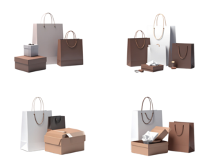 Luxury Paper Shopping Bags with Gift Box Arrangement for Brand Presentation isolated on transparent background
