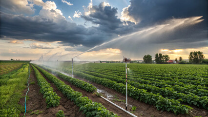 Automatic irrigation system spraying water over green farmland during sunset, representing modern agriculture, sustainability, and efficient water management.