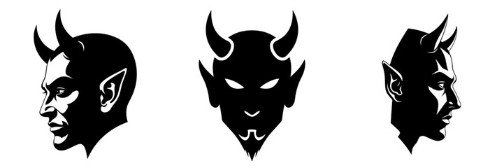 Obraz premium Detailed SEO-Friendly Title: Devil Head Silhouette Set in Three Different Views. Demon Mascot with Horns and Pointed Ears. Black and White Monochrome Vector Icon Collection for Gaming, Horror, and Eso