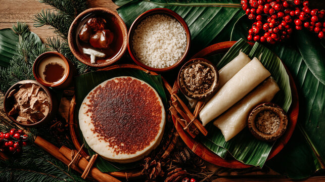 Assorted Filipino Christmas delicacies for Simbang Gabi including rice cakes and sweet coconut desserts