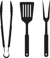 Black Silhouettes of Barbecue Tongs Spatula and Fork on White Background grill cooking on transparent background
