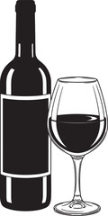 Black Silhouette of Wine Bottle and Glass with Red Wine on White Background beverage on transparent background