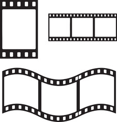 Fototapeta premium Collection of vintage film strip frames and wavy film strip with perforations Keywords: film strip, movie, cinema, vintage, retro, frame, negative, photography, reel, roll, on transparent background