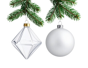 Festive Christmas Tree Ornament and Pine Twig Minimalist Winter Design isolated on transparent background