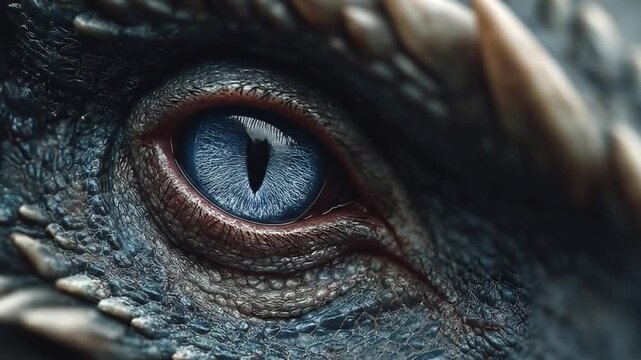 Close up of a dragon eye with intricate details and a bright blue iris