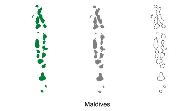 Maldives map set. Maldives map vector. Maldives map on green, gray, and outline