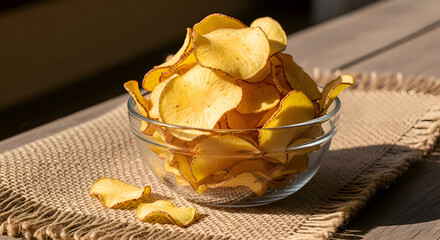 Close-up of potato chips in a glass bowl on a wooden table with a napkin