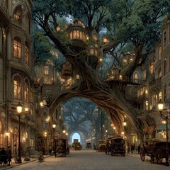 Fototapeta premium Enchanted Victorian Cityscape with Tree Canopy and Whimsical Architecture