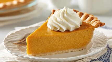 Delicious slice of pumpkin pie with golden crust and rich orange filling, topped with a generous dollop of fresh whipped cream on a white plate.