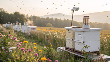 Beekeeping scene with active honeybees flying around wooden hives in a blooming meadow at sunrise. Perfect for themes of beekeeping, pollination, sustainability, and natural honey production.
