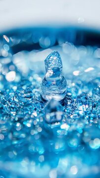 A hypnotic macro slow-motion view of intricate ice crystals branching out in a vibrant blue supersaturated solution. A beautiful display of physics and chemistry.