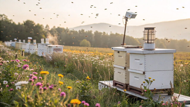 Beekeeping scene with active honeybees flying around wooden hives in a blooming meadow at sunrise. Perfect for themes of beekeeping, pollination, sustainability, and natural honey production.