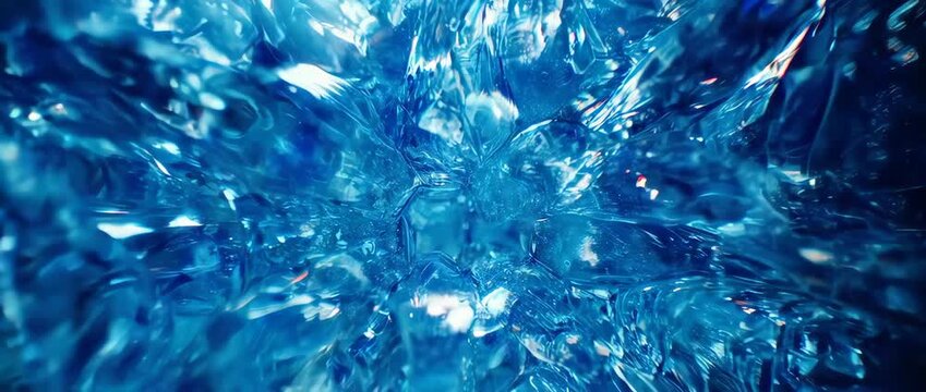 A hypnotic macro slow-motion view of intricate ice crystals branching out in a vibrant blue supersaturated solution. A beautiful display of physics and chemistry.