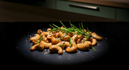 Close-up of roasted cashews with rosemary and salt on a dark surface