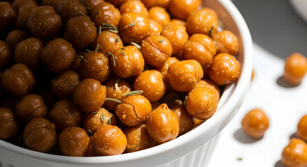 Close-up of roasted chickpeas in a white bowl, perfect for healthy snacking or recipes