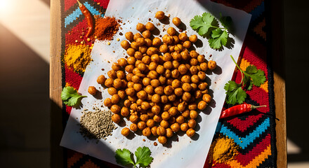 Close-up of roasted chickpeas with herbs and spices on colorful surface for food concept