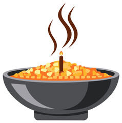 Bowl of dessert with lit candle on top and steam rising, vector illustration.