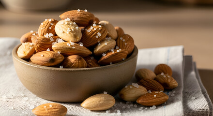 Close-up of salted almonds in a bowl on a white cloth, healthy and delicious snack