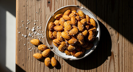 Close-up of salted almonds in a bowl on a wooden surface with nice lighting