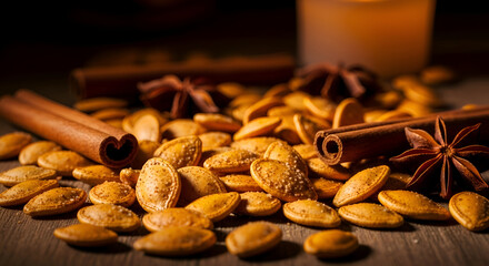 Close-up of roasted pumpkin seeds with cinnamon sticks and star anise spices on wooden background
