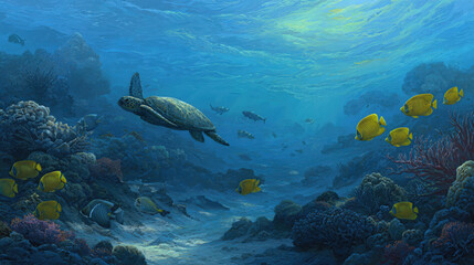 Fototapeta premium Sea Turtle and Fish in Coral Reef