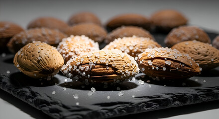 Close-up of salted almonds on a black slate, food photography, selective focus
