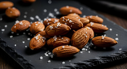 Close-up of salted almonds on a black slate, offering a healthy snack option
